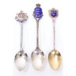 Three early 20th century hallmarked silver and enamelled souvenir spoons with coats of arms