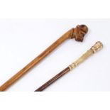 Victorian hardwood novelty walking stick with human head knop and Victorian gilt metal and