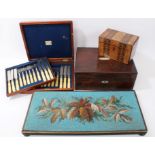Victorian walnut and parquetry inlaid tea caddy, 18cm wide,