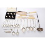 Selection of miscellaneous Georgian and later flatware - including four tablespoons, butter knife,