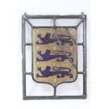 Antique stained glass panel decorated with three Royal lions on shield, 27.