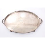 George V silver two-handled oval tray with engraved presentation inscription and pierced gallery,