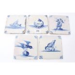 Five 18th century Delft blue and white tiles with painted birds and fish
