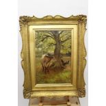Hunt, Victorian oil on canvas - cow and figure beneath a tree, signed and indistinctly dated,