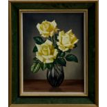 James Noble (1919-1989), oil on canvas - still life of roses in a glass vase, signed, framed, 39.
