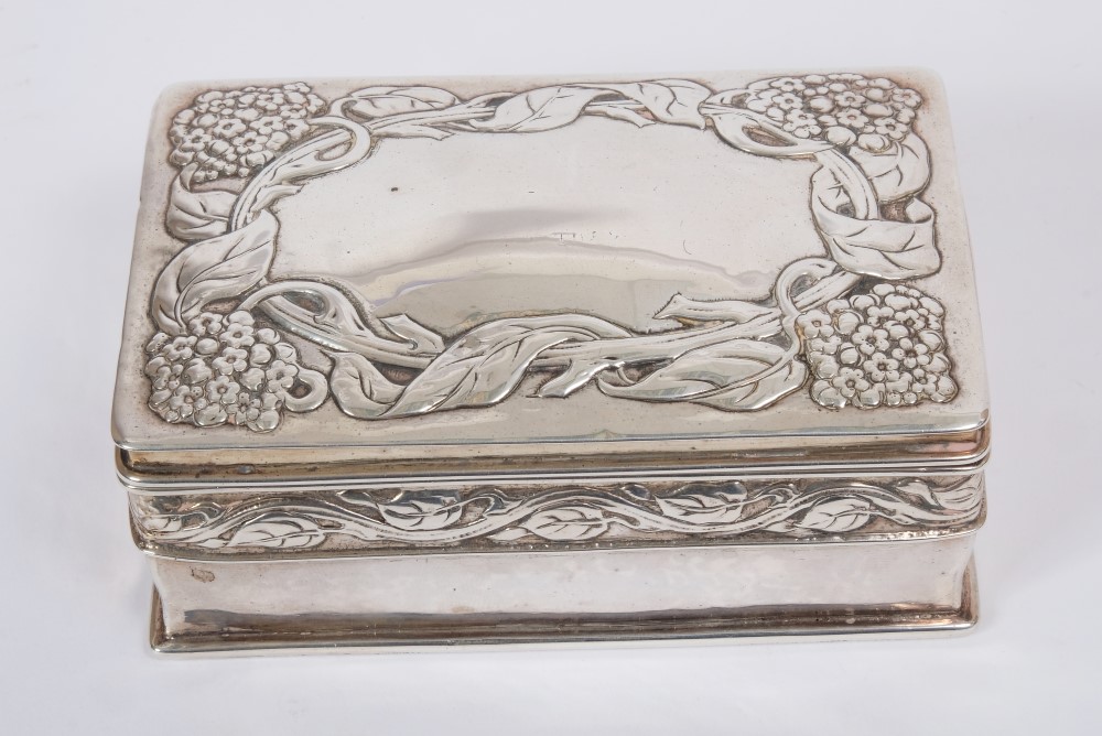 Edwardian silver box of rectangular form, by Ramsden & Carr, with band of raised foliate decoration, - Image 2 of 3