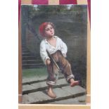 19th century Italian School oil on canvas - a young street sweeper whistling down steps, unframed,