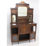Edwardian rosewood and marquetry inlaid chiffonier, the mirrored superstructure with open shelves,