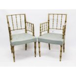 Good pair of George III polychrome painted faux bamboo elbow chairs in the Brighton Pavilion Style