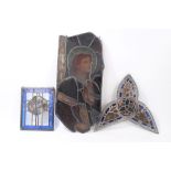 Three antique stained glass fragment panels - mounted for hanging