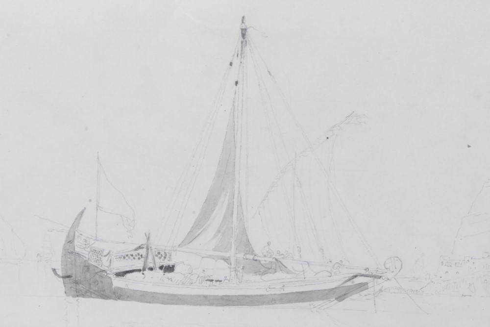 Attributed to Edward Duncan (1803 - 1882), pencil and wash sketch of a Continental fishing boat, - Image 2 of 8