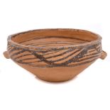 Ancient Chinese redware pottery Neolithic bowl with black lined decoration and two handles,