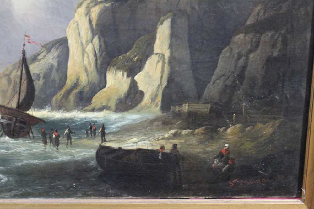 Josef Thoma (1828-1899) oil on canvas - fisherfolk and vessels on the shore, signed, dated 1879, - Image 3 of 6