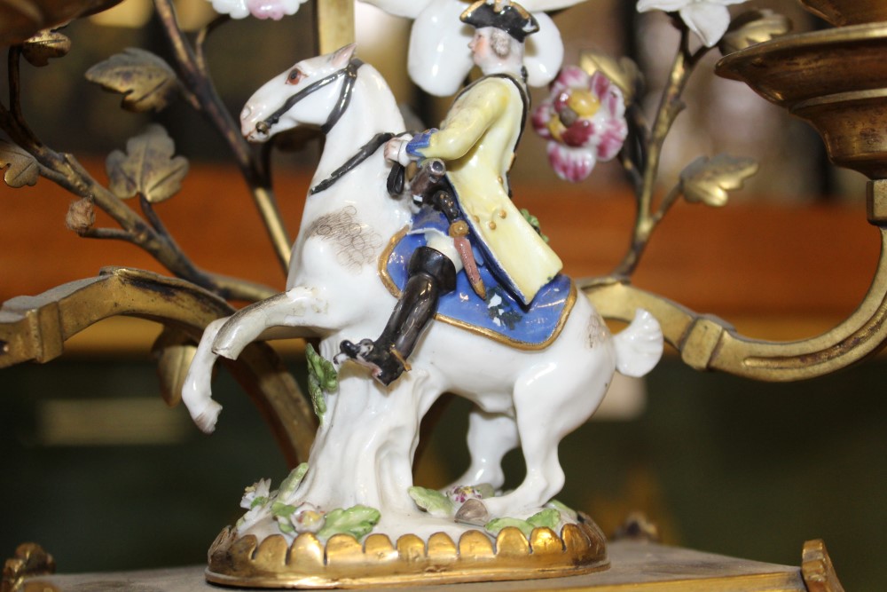 Pair 18th century Meissen miniature equestrian figures, with later gilt metal candelabra mounts, - Image 6 of 8