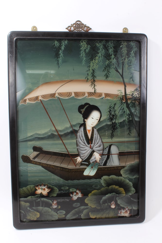 Antique Chinese reverse painting on glass depicting a female figure in a boat,