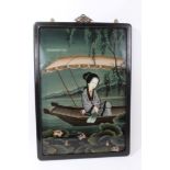 Antique Chinese reverse painting on glass depicting a female figure in a boat,