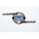 Gem-set brooch of asymmetric abstract form with two old cut diamonds,