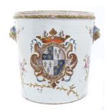 19th century French faience armorial pail / jardinière with polychrome painted coat of arms and