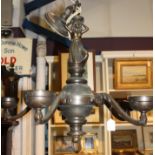 Dutch style brass electrolier with knopped column and figural surmount,