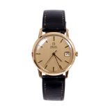 Gentlemen's Omega automatic 9ct gold wristwatch, the circular gold dial with date aperture,