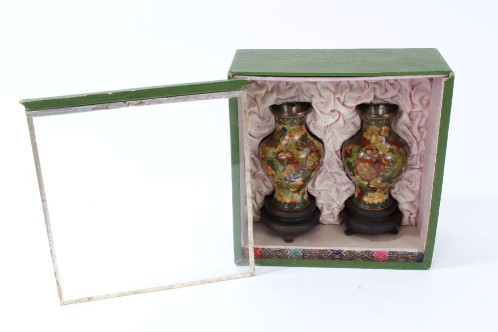 Pair of Japanese cloisonné vases, each 10cm high, in glazed presentation case, - Image 5 of 7