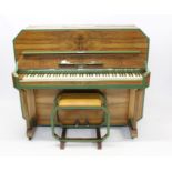 Stylish Art Deco walnut and green enamelled upright piano and en-suite stool, by Kemble, London,