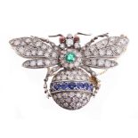 Victorian-style diamond and gem set bee necklace, the large bee with emerald,