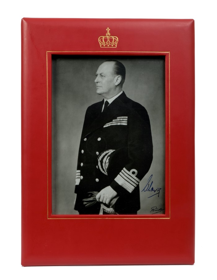 HM King Olav V of Norway - signed presentation portrait photograph of The King wearing Naval