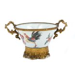 18th century Chinese export famille rose chicken tea bowl with French gilt metal mounts and