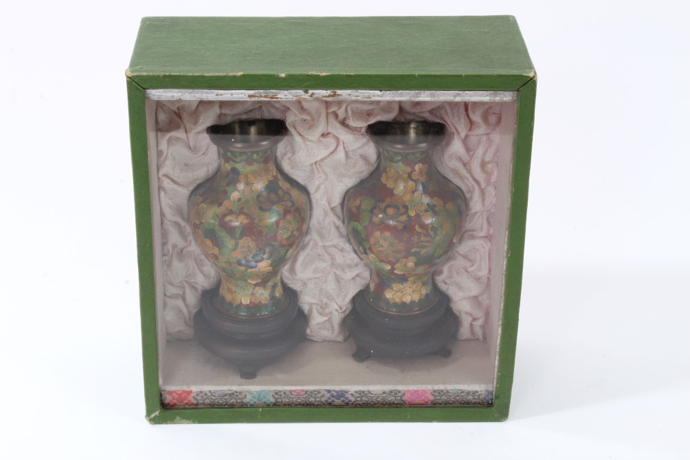 Pair of Japanese cloisonné vases, each 10cm high, in glazed presentation case, - Image 6 of 7