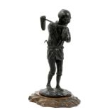 Japanese Meiji bronze figure of a peasant with pipe and pouch in hand, signature panel to base,