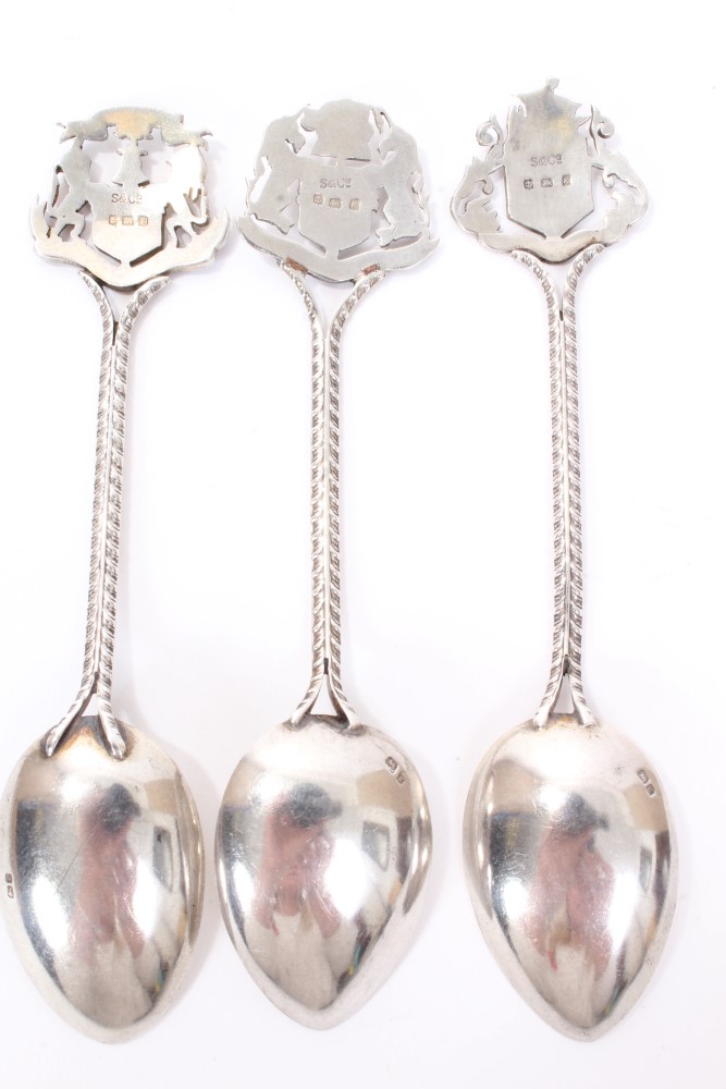 Three Edwardian silver and enamelled souvenir spoons with pierced coats of arms terminals for - Image 2 of 2