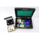 Victorian leather jewellery box containing Art Deco paste set brooch, silver compact,