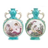 Fine pair mid-18th century Chelsea moon flasks, circa 1760,