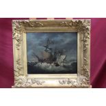 After Ludolf Backhuysen, oil on panel - shipping in squally seas, in gilt frame,