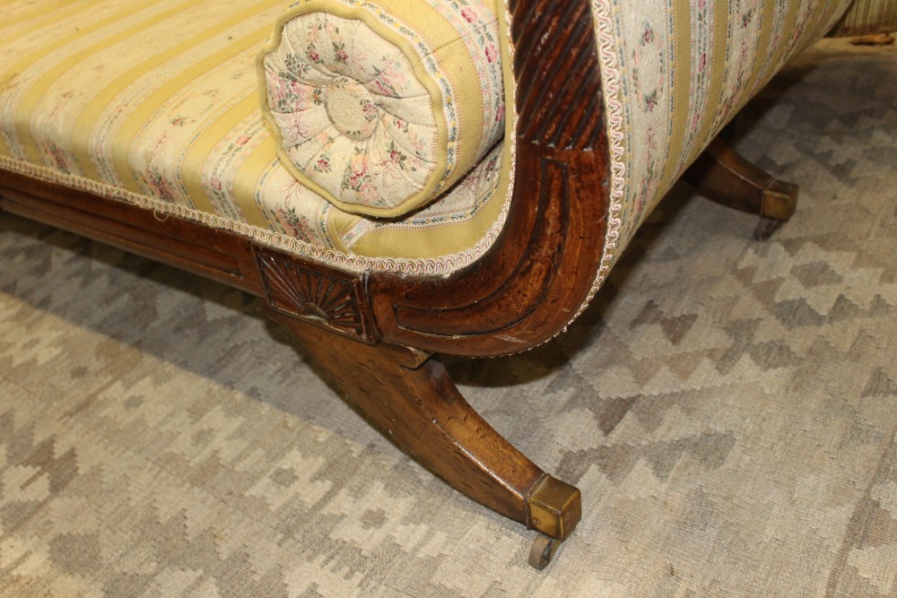 Regency mahogany scroll end sofa with undulating show-wood back and shaped satin upholstery on - Image 3 of 4