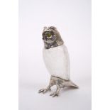 Victorian silver mounted peperette in the form of an owl, with cut glass body and silver feet,