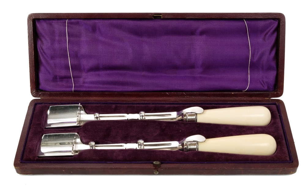 Pair Victorian silver plated slide-action stilton scoops with ivory handles,