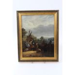 19th century English School oil on panel - fisherfolk and vessels beside the river, in gilt frame,