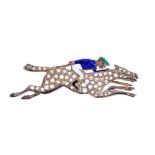 Novelty gold, diamond and enamel brooch in the form of a jockey on a racehorse,