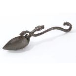 Ancient possibly Byzantine silver spoon with fig shaped bowl and conjoined scroll handle with mask