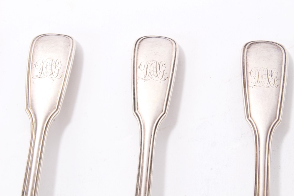 Set of six Victorian silver fiddle and thread pattern dessert spoons with engraved initials (London - Image 2 of 3