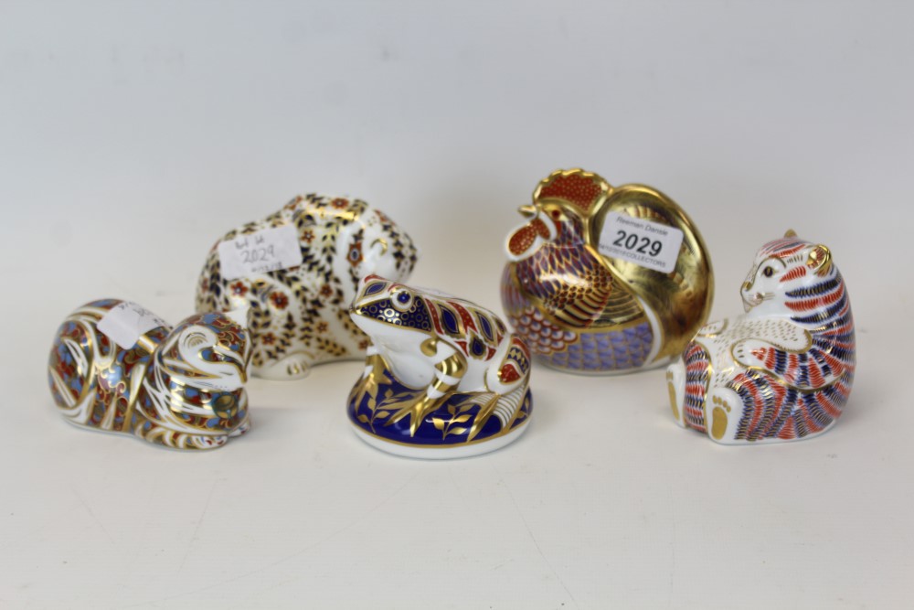 Five Royal Crown Derby paperweights - Cockerel, Tiger Cub, Russian Bear, Frog and Contented Cat,