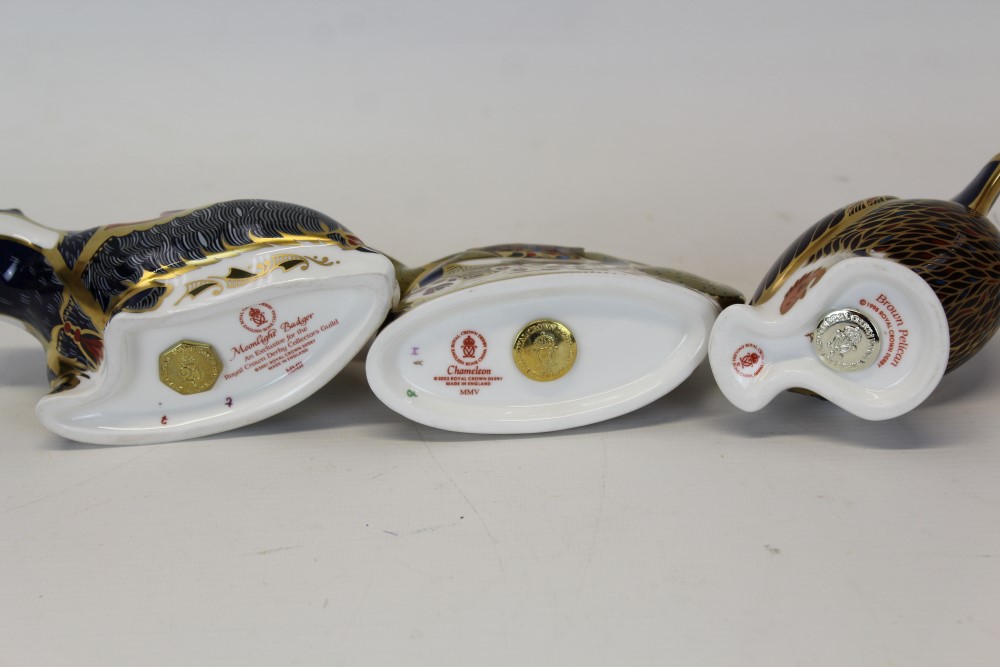 Three Royal Crown Derby paperweights - Brown Pelican, Moonlight Badger and Chameleon, - Image 2 of 2