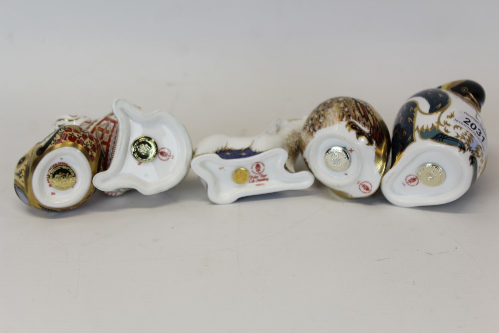 Five Royal Crown Derby paperweights - Polar Bear Cub Standing, Owl, Penguin, Bulldog and Dormouse, - Image 2 of 2