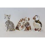 Three Royal Crown Derby paperweights - Bengal Tiger Cub, Majestic Cat and Puffin,