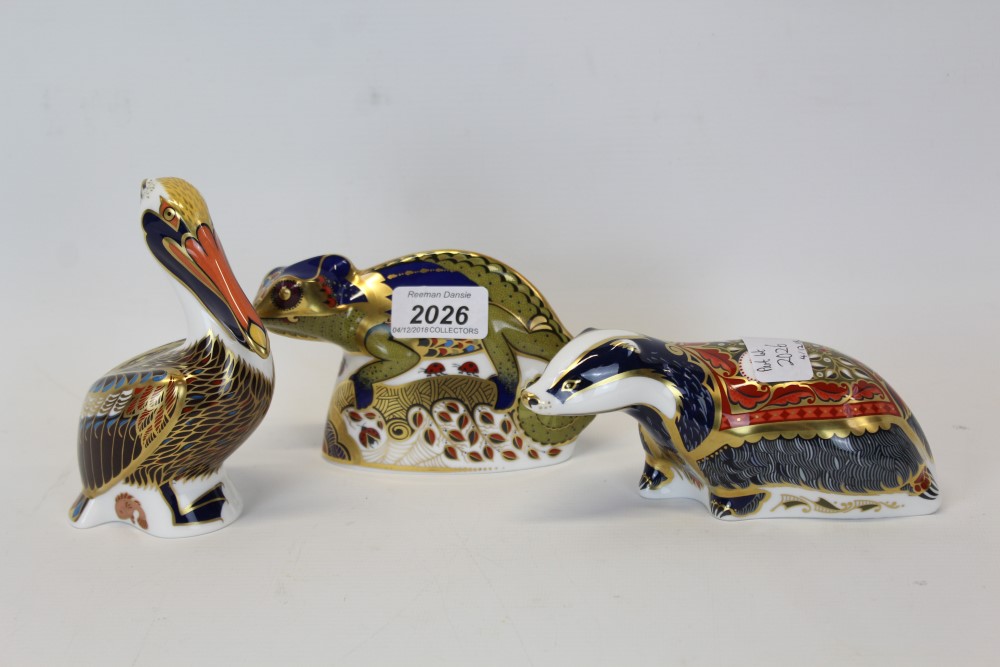 Three Royal Crown Derby paperweights - Brown Pelican, Moonlight Badger and Chameleon,