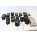 Box containing fourteen photographic flash units - including Nikon, Canon,