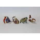 Four Royal Crown Derby paperweights - Playful Kitten, Robin, Fountain Frog and Derby Wren,