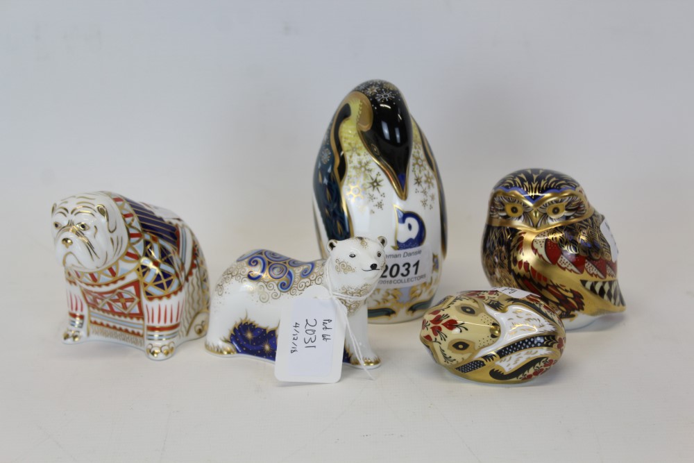 Five Royal Crown Derby paperweights - Polar Bear Cub Standing, Owl, Penguin, Bulldog and Dormouse,